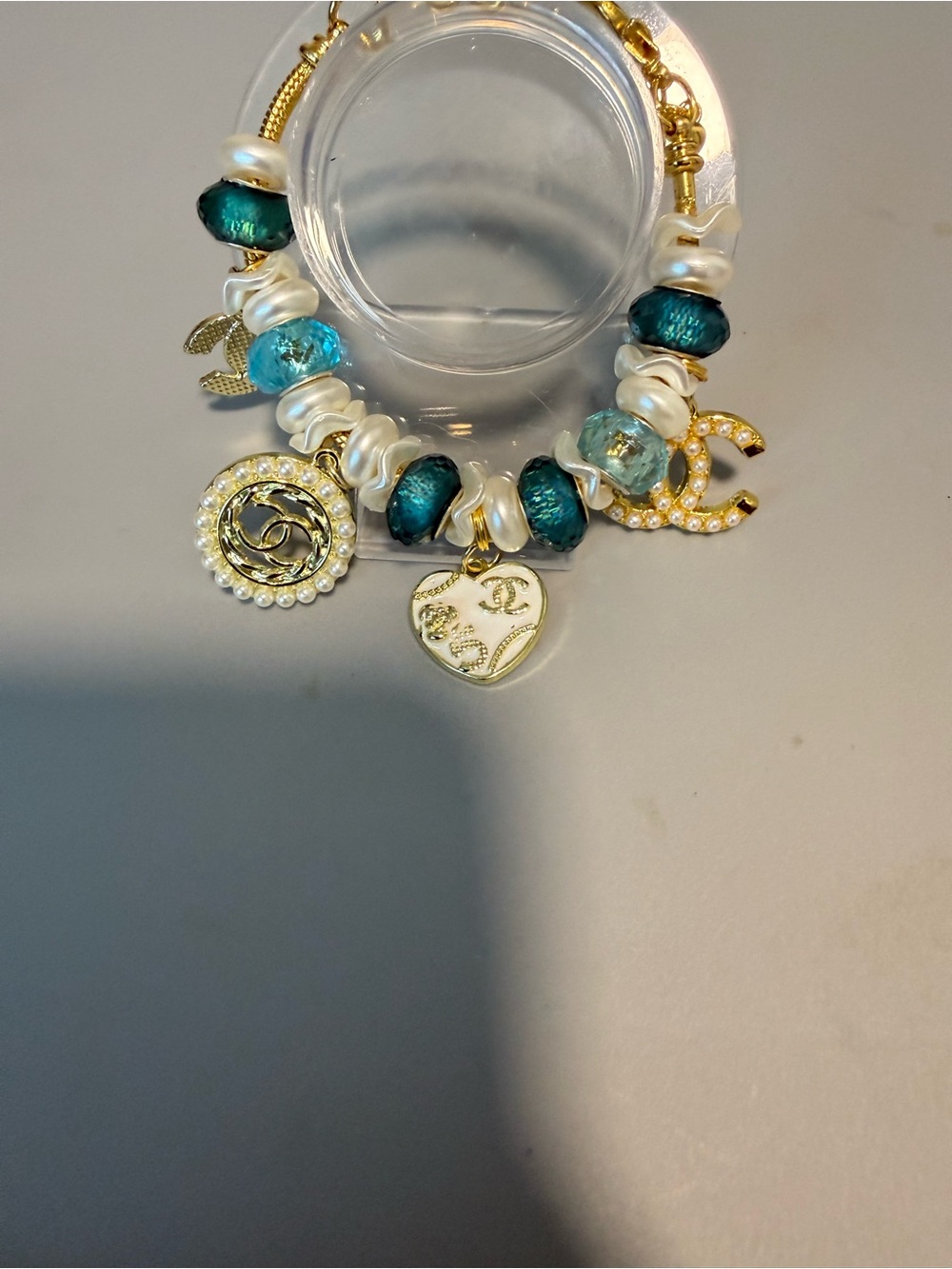 Luxury Gold Charm Bracelet with Teal and Pearl Accents - Designer Inspired